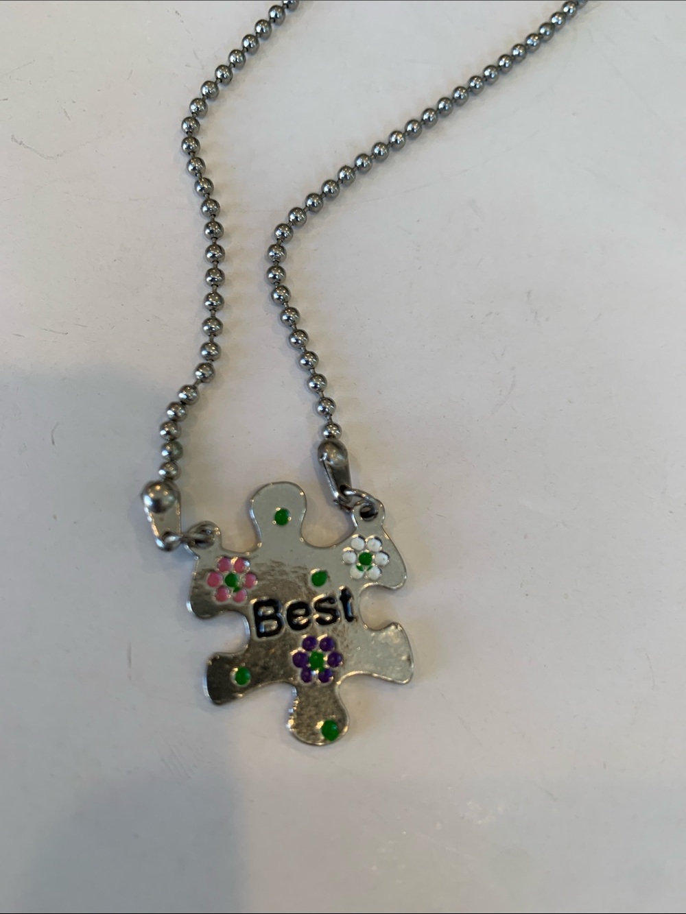 Claire's Best Friends Puzzle Piece Necklace Silver Tone Flower Ball Chain Pendan